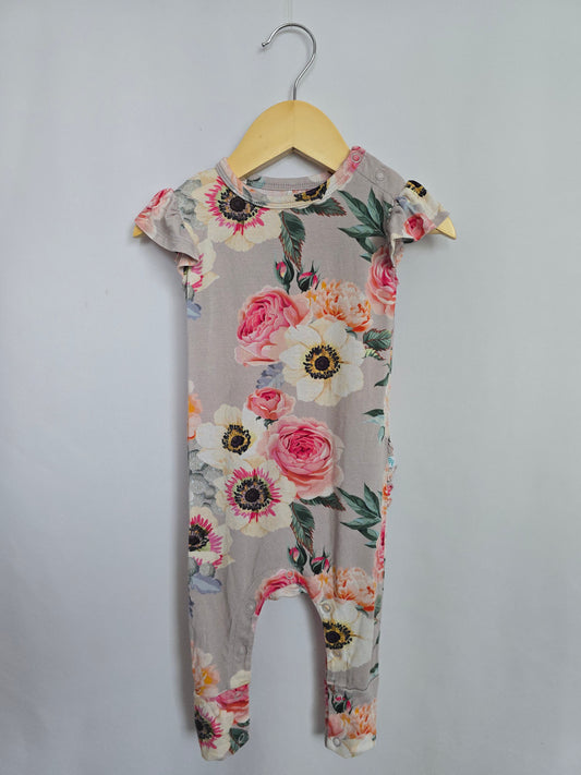 Posh Peanut Grey Floral Ruffle Bum Romper • 6-9 months