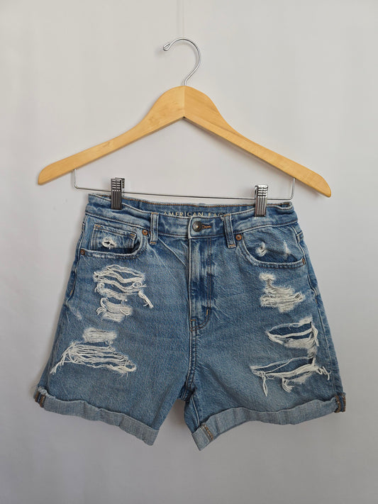 American Eagle Distressed Jean Mom Comfort Stetch Waistband Shorts • X-Small 2