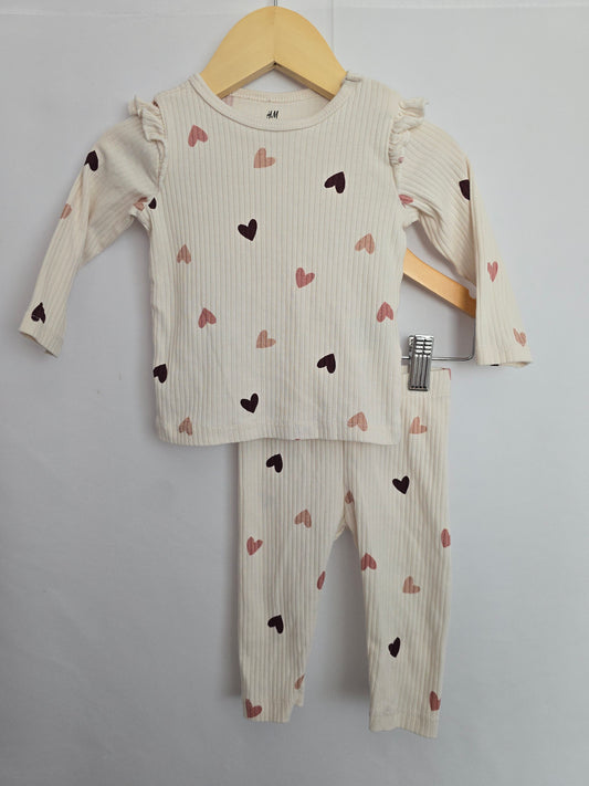 H&M Cream Hearts Ribbed Long Sleeve & Leggings Set • 4-6 months