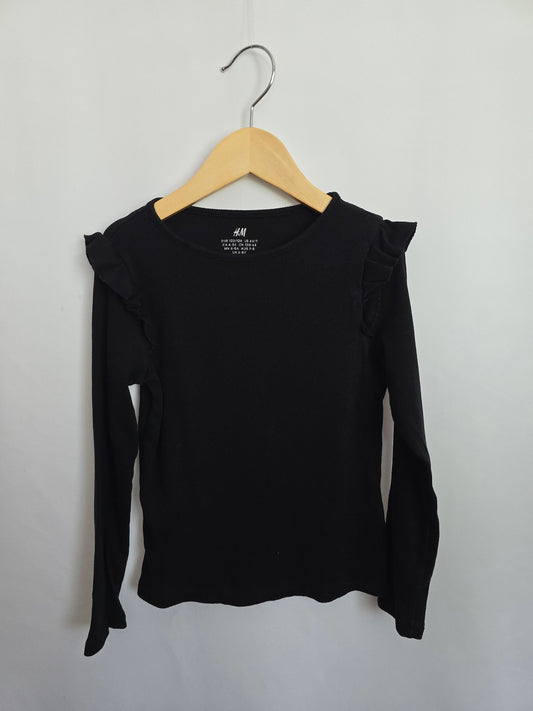 H&M Black Ribbed Ruffle Shoulder Long Sleeve • 6-8 years