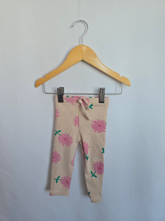 Zara Pink Ribbed Floral Leggings • 9-12 months