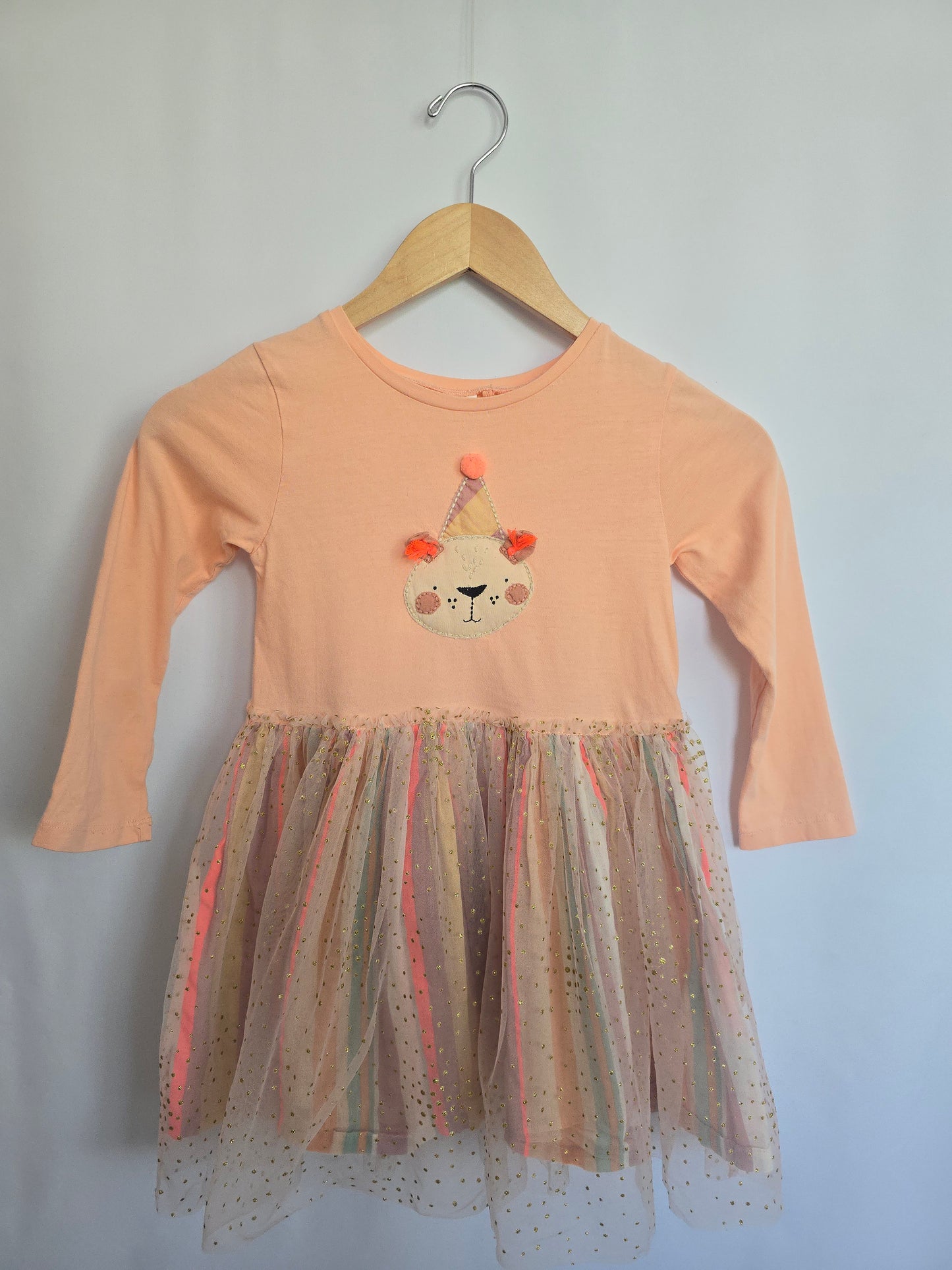 Next Peach Birthday Bear Tulle Dress • 5-6 years