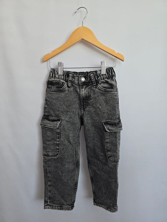 H&M Black Wash Relaxed Cargo Denim • 2-3 years