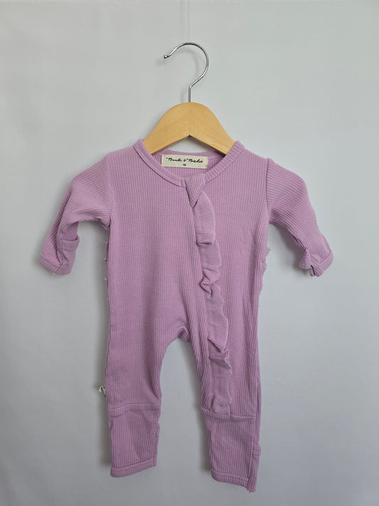 Bambi & Birdie  Lavender Ruffle Zip Romper  • Newborn