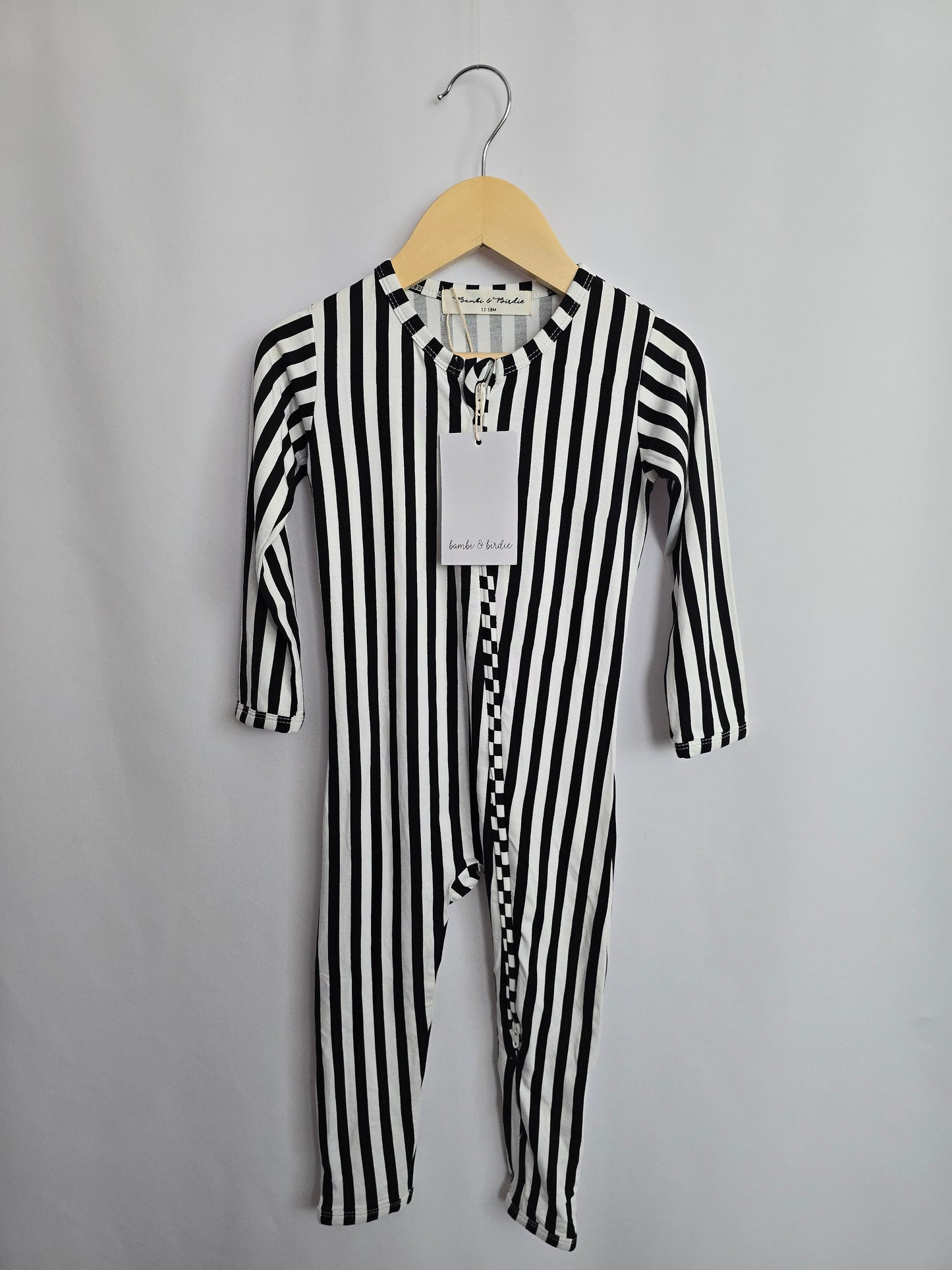 NEW Bambi & Birdie Black & White Stripe Zip Romper • 12-18 months