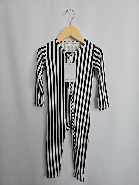 NEW Bambi & Birdie Black & White Stripe Zip Romper • 12-18 months