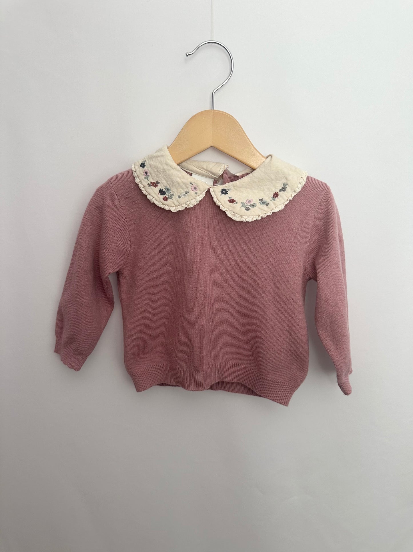 Zara Dusty Rose Peter Pan Collar Embroidered Soft Knit Sweater • 2-3 years