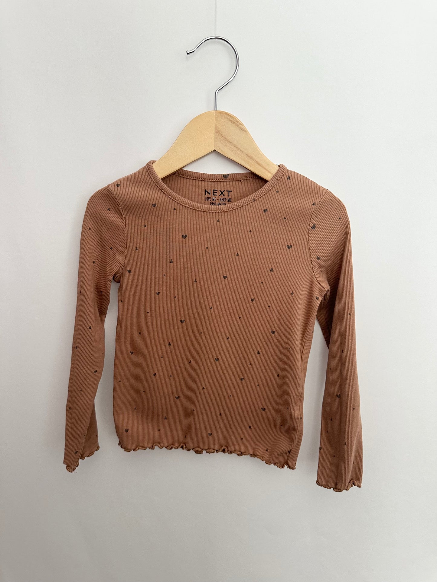 Next Caramel Ribbed Hearts Long Sleeve Shirt • 3-4 years