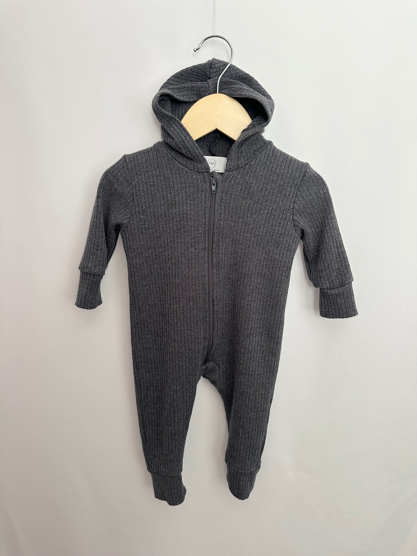 Tiny Button Apparel Blue Ribbed Hooded Zip Romper • 0-6 months