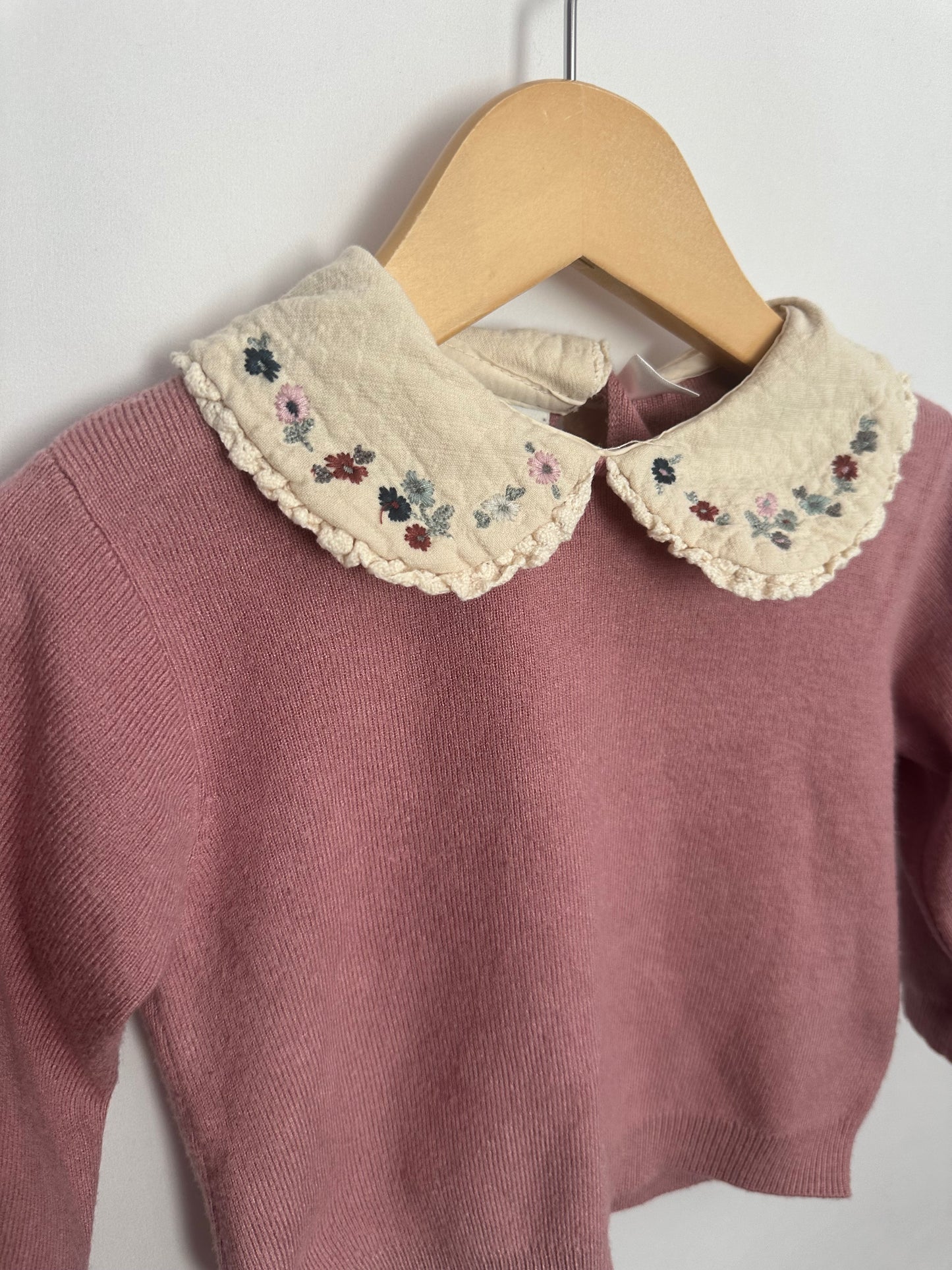 Zara Dusty Rose Peter Pan Collar Embroidered Soft Knit Sweater • 2-3 years