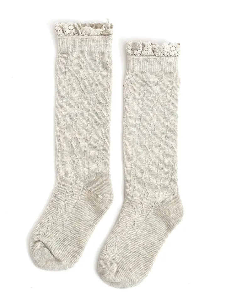 Little Stocking Co. Heathered Ivory Fancy Lace Top Knee High Socks