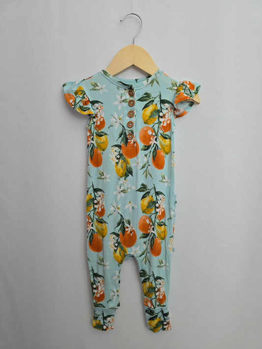 Posh Peanut Aqua Oranges Ruffle Sleeve Romper • 12-18 months