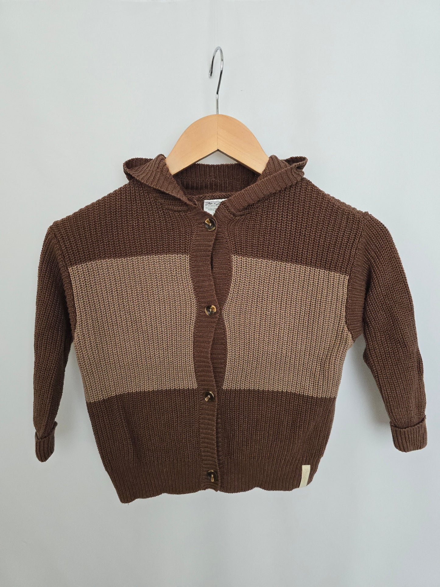 Jax & Lennon Mocha Stripe Knit Button Up Hoodie • 3-4 years