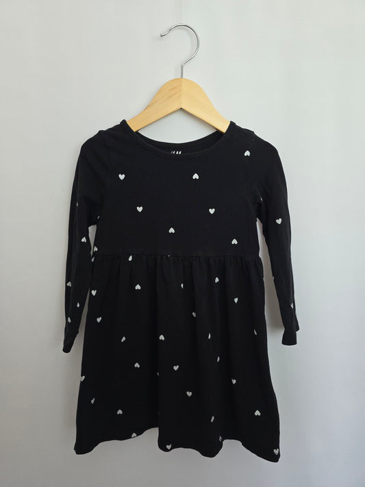 H&M Black Hearts Long Sleeve Dress • 2-4 years