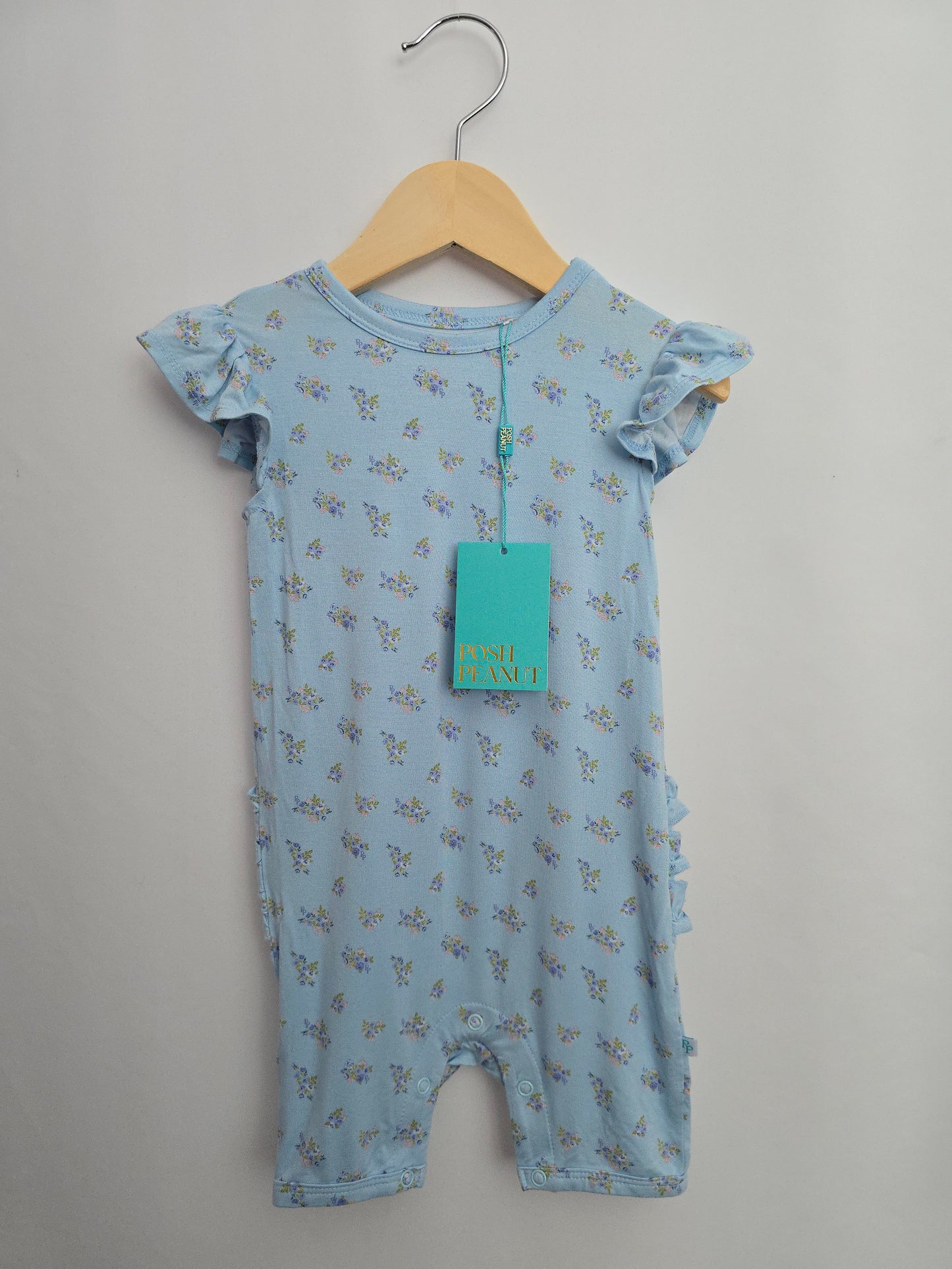 NEW Blue Mini Floral Ruffle Short Romper • 18-24 months