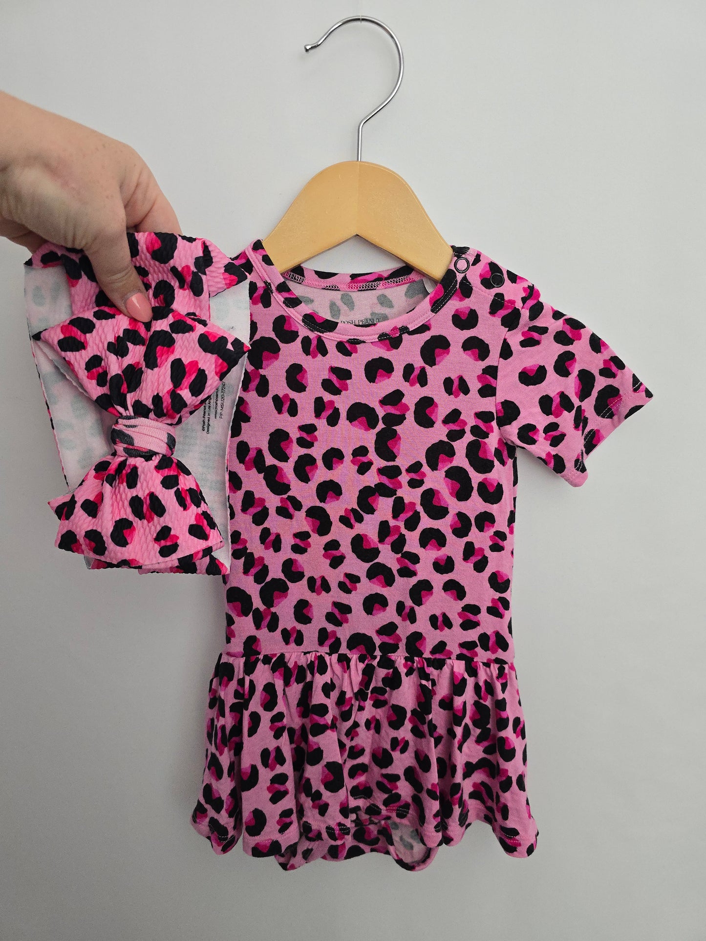 Posh Peanut Pink Large Leopard Print Twirl Bodysuit with Headband • 12-18 months