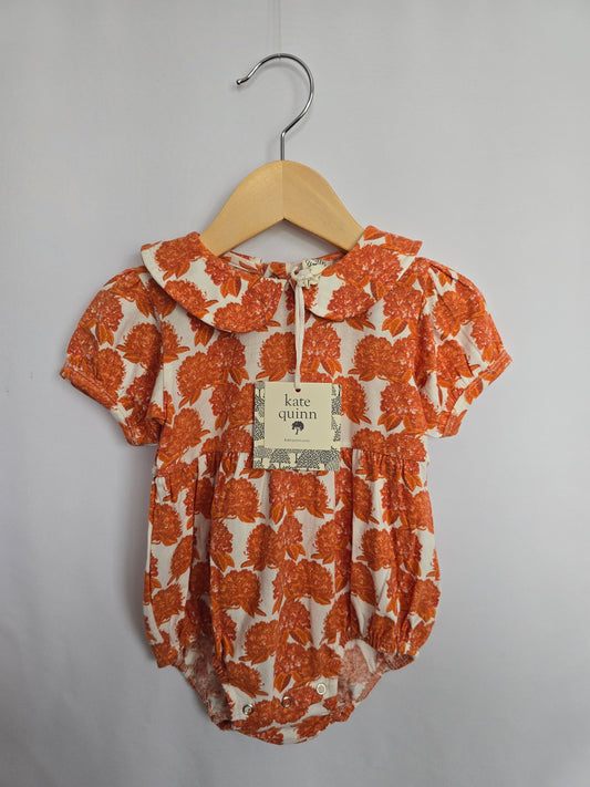 NEW Kate Quinn Short Sleeve Peter Pan Bubble Romper Orange Rhodie • 12-18 months