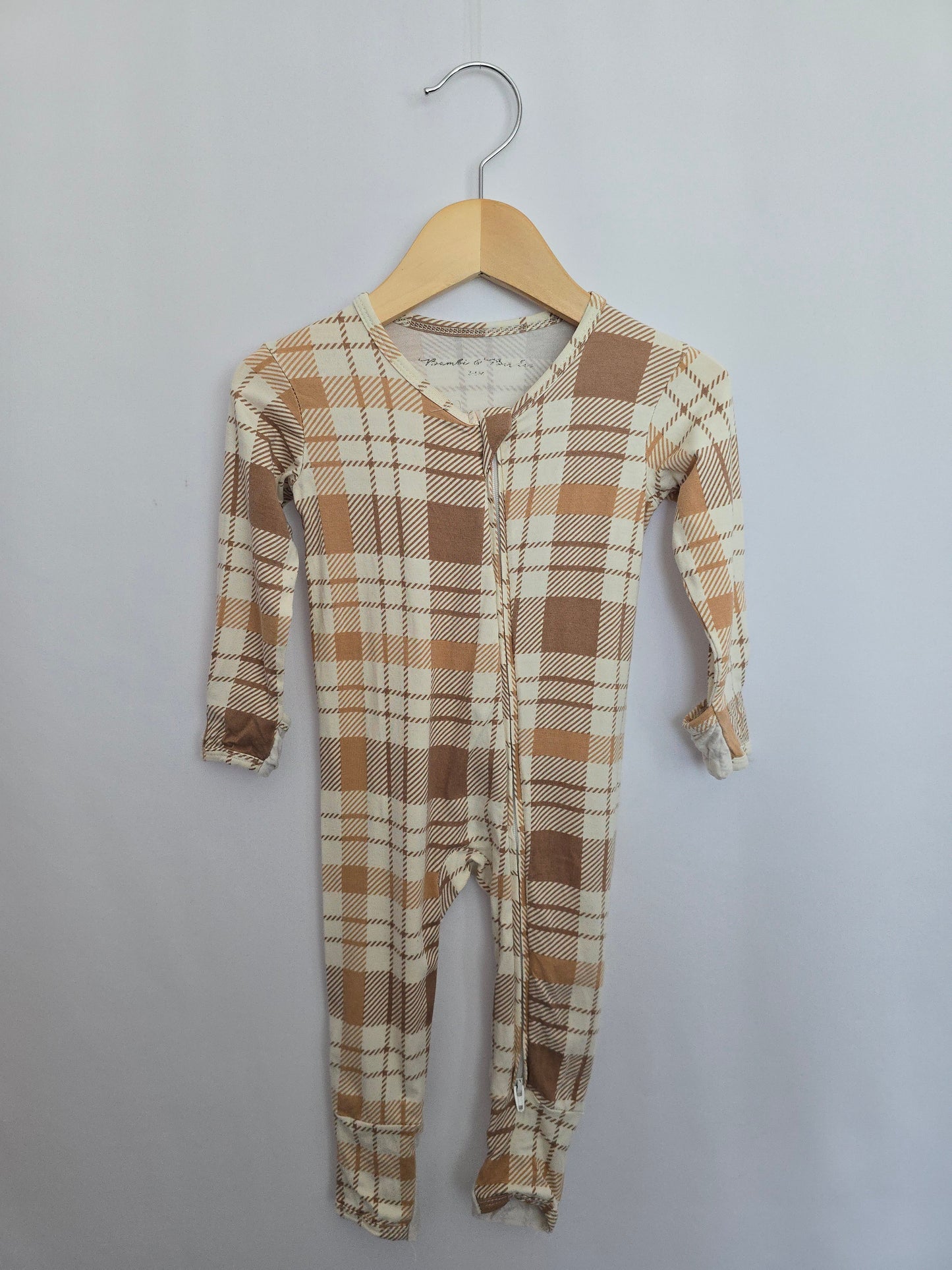 Bambi & Birdie Brown Plaid Zip Romper • 3-6 months