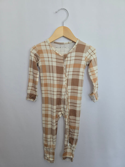 Bambi & Birdie Brown Plaid Zip Romper • 3-6 months