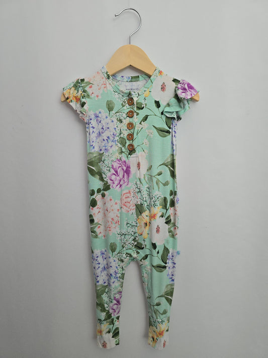 Posh Peanut Mint Hydranga Floral Ruffle Bum Romper • 12-18 months