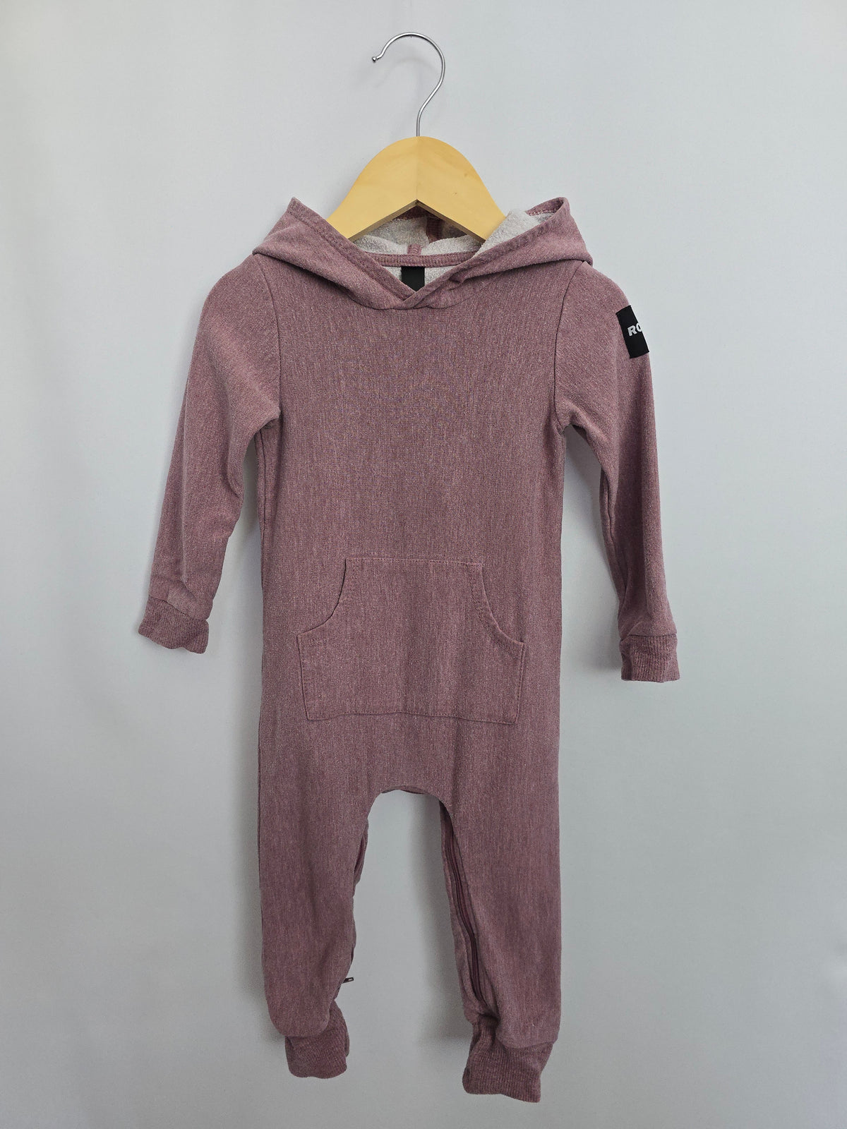 Rowe Plum Distressed Hooded Romper • 12-18 months