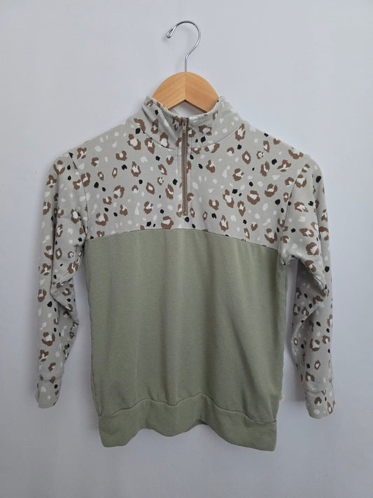 Jax & Lennon Snow Leopard/Green 1/2 Zip Sweater • Youth Small 6-7 years