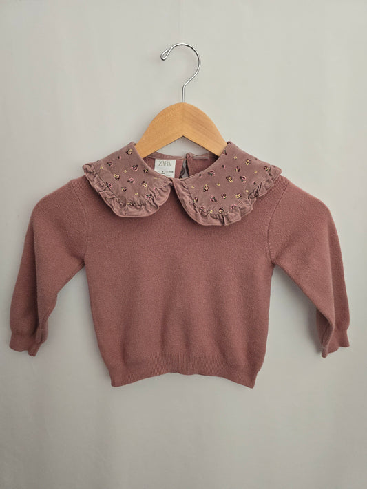 Zara Dusty Rose Floral Peter Pan Collar Soft Knit Sweater • 4 years