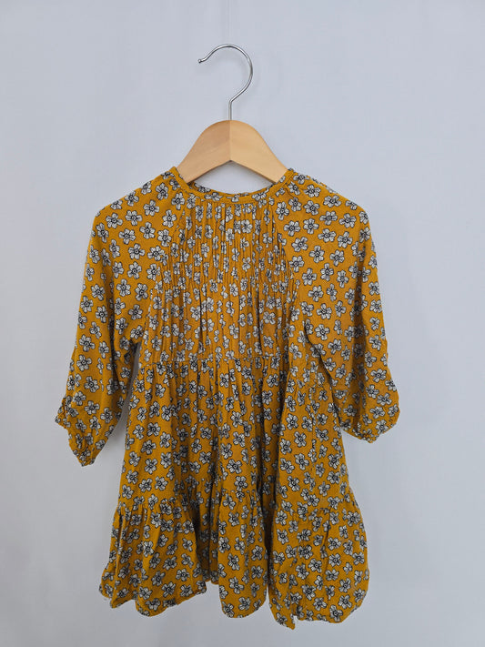 Zara Mustard Floral Smocked Dress • 2-3 years