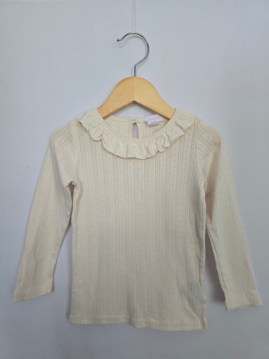 Jamie Kay Peter Pan Collar Cream Pointelle Long Sleeve Shirt • 3 years
