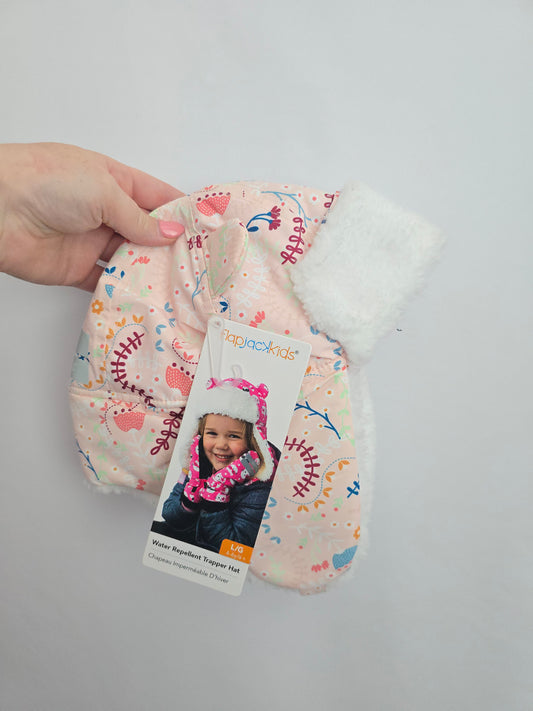 NEW Flap Jack Kids Peach Floral Lined Water Repellent Trapper Hat • Large 4-6 years