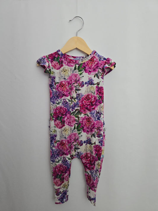 Posh Peanut Pink/Purple Peony Ruffle Bum Romper • 12-18 months