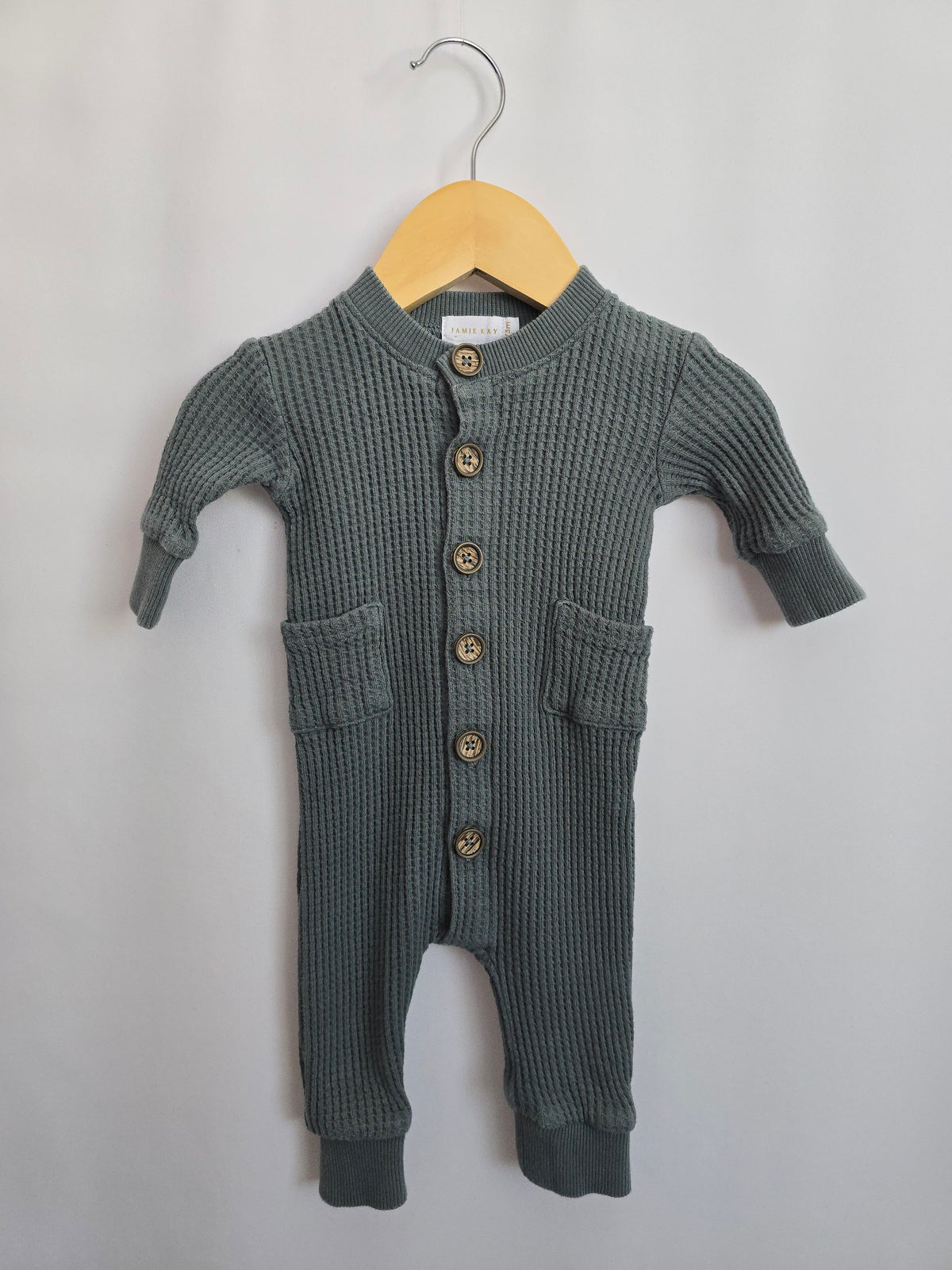 Jamie Kay Green Blue Waffle Romper • 0-3 months