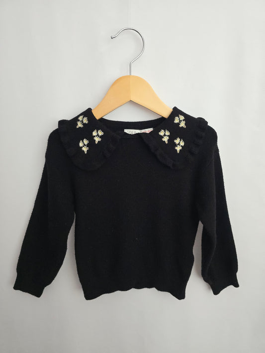Zara Black Emroidered Flower Soft Knit Sweater • 2-3 years