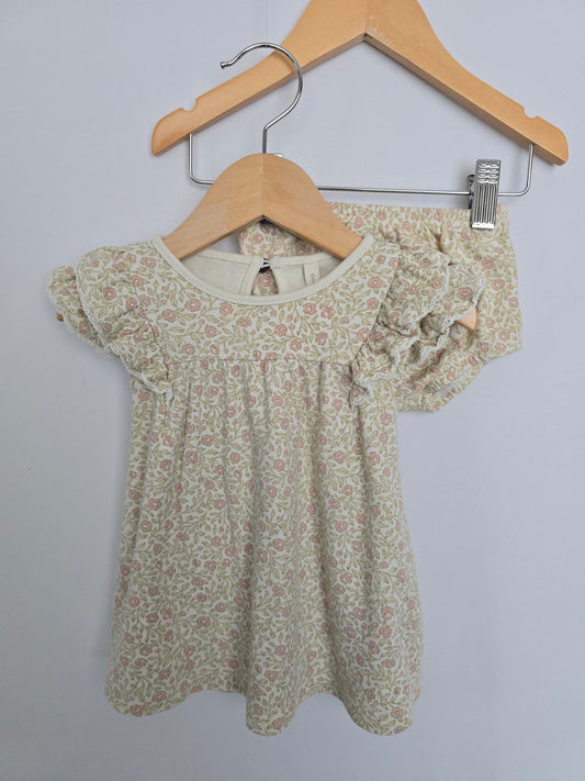 Quincy Mae Organic Cotton Floral Ruffle Sleeve Dress & Bloomers • 6-12 months