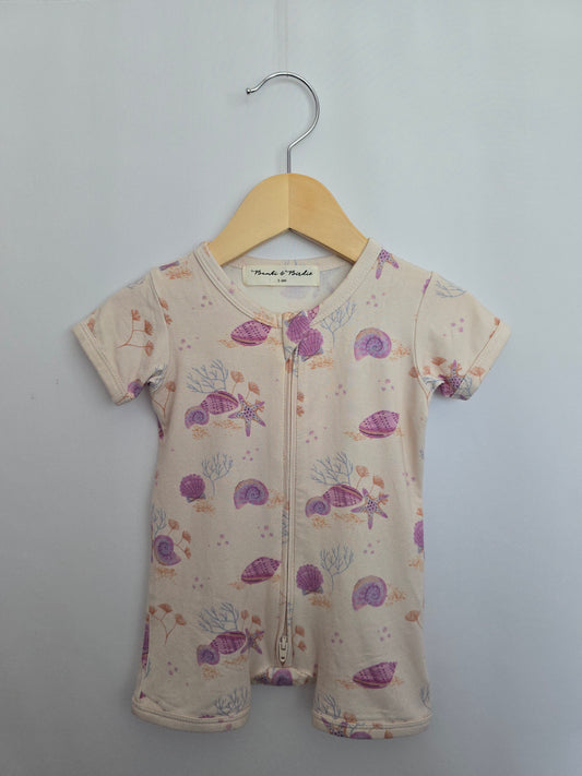 NEW Bambi & Birdie Pink Seashell Shortie Zip Romper • 3-6 months