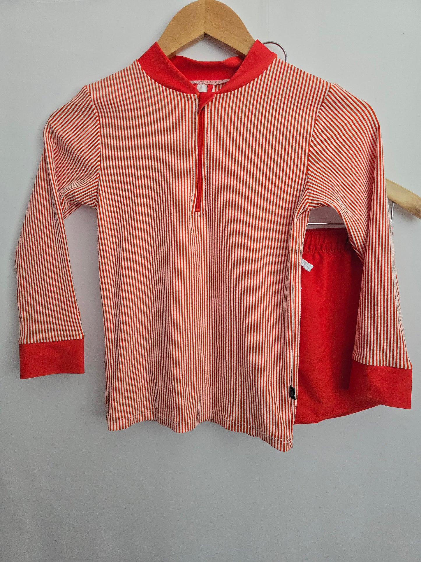 Honeysuckle Red Stripe Rashguard & Boardies • 8-9 years