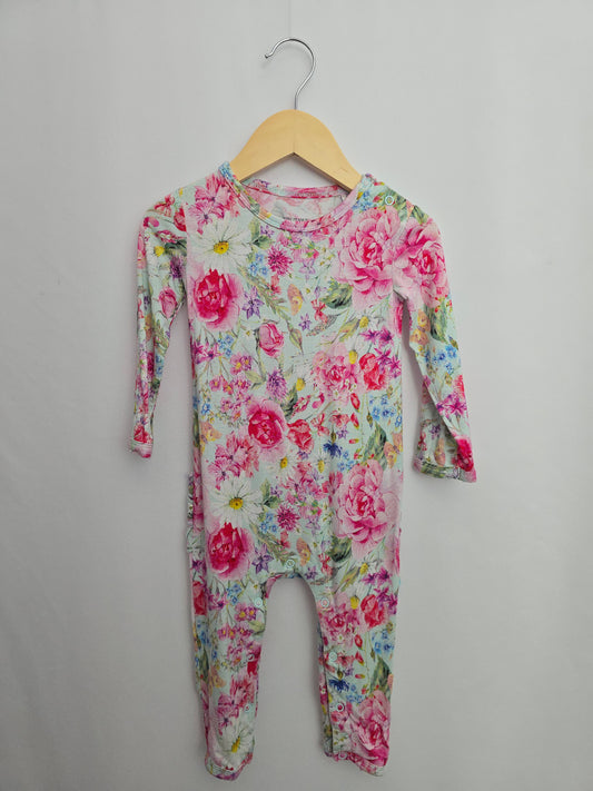 Posh Peanut Long Sleeve Teal Wildflower Ruffle Bum Romper • 12-18 months