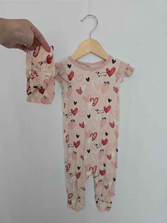 PLAY Loulou Lollipop Love Puppies Ruffle Romper & Matching Headband • 12-18 months