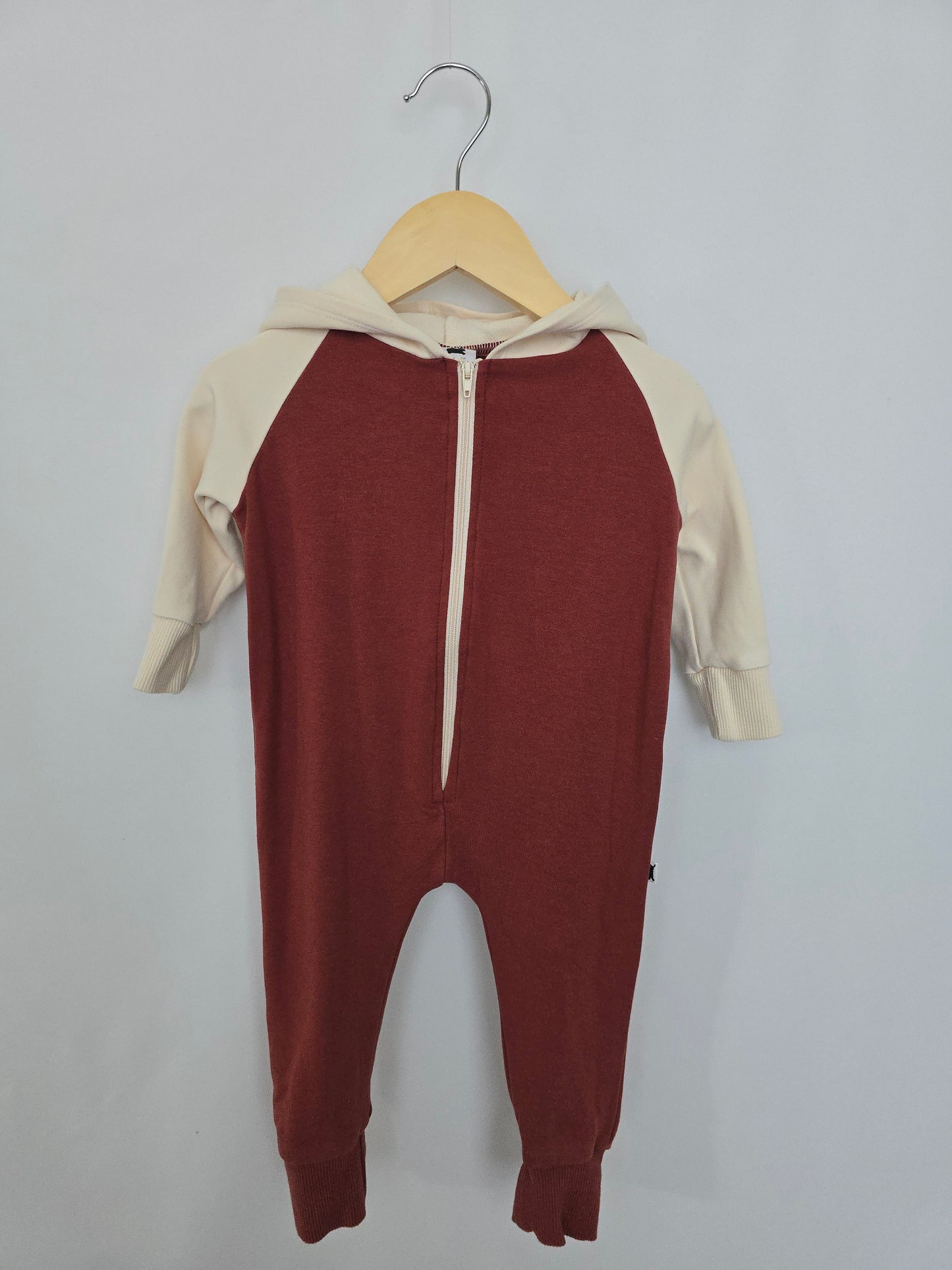 Little & Lively Ivory/Cranberry Fleece Hooded Romper • 0-6 months