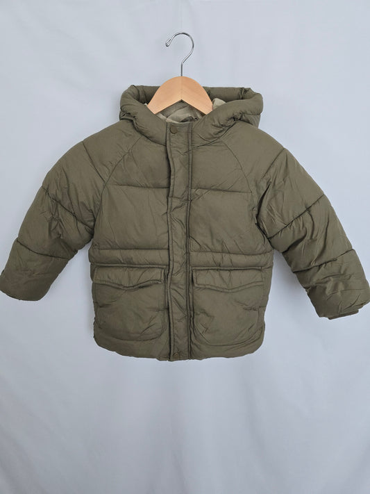Zara Olive Fleece Lined Puffer Jacket • 4-5 years
