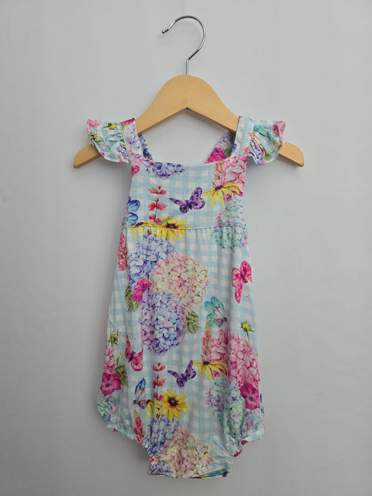 NEW Posh Peanut Blue Checkered Floral Bubble Romper • 2 years
