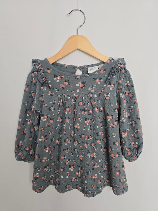 Zara Blue Floral Ruffle Shoulder Dress • 2-3 years
