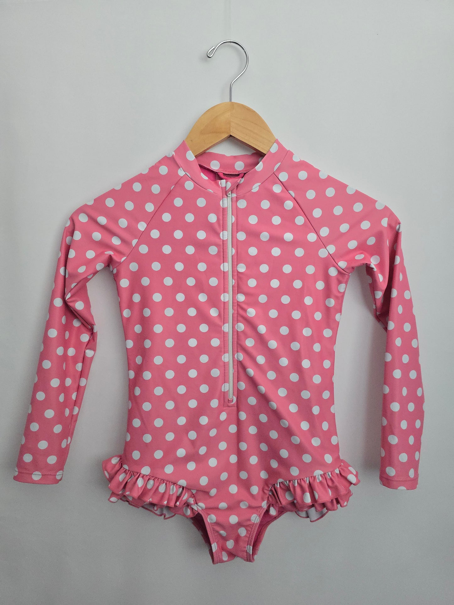 Imgaine Perry Pink Polkadot Ruffle Rashsuit • 9-10 years