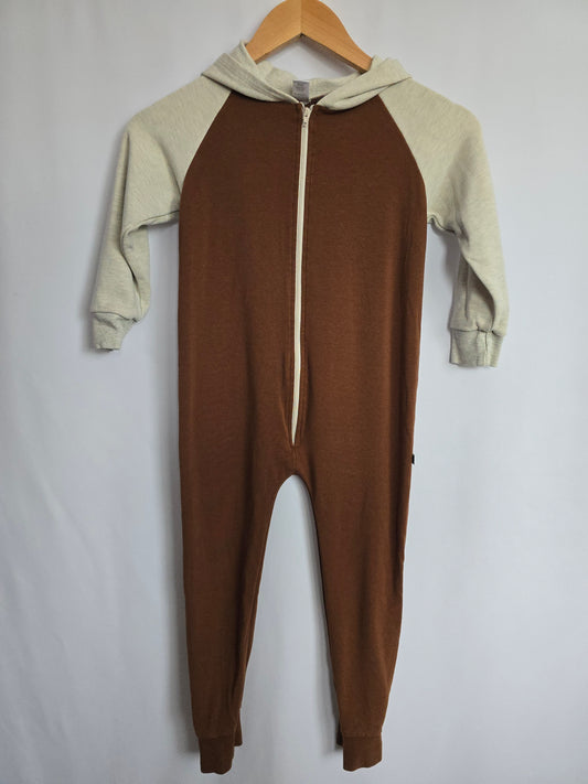 Little & Lively Chestnut/Oat Fleece Hooded Romper • 5-6 years