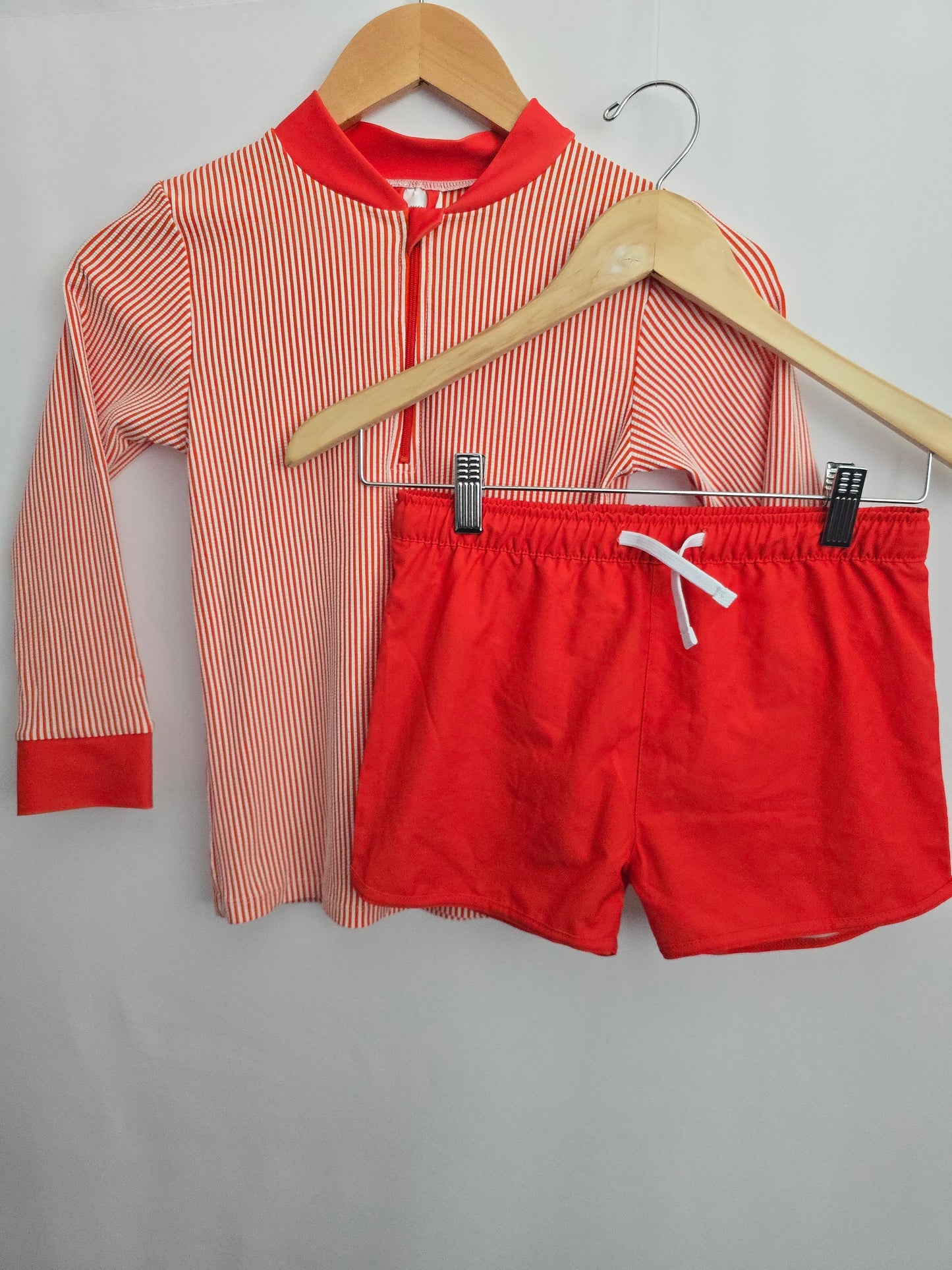 Honeysuckle Red Stripe Rashguard & Boardies • 8-9 years