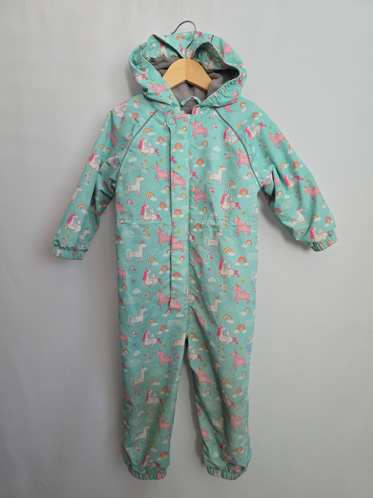 PLAY Jan & Jul Teal Unicorn Fleece Lined Rainsuit • 2 years