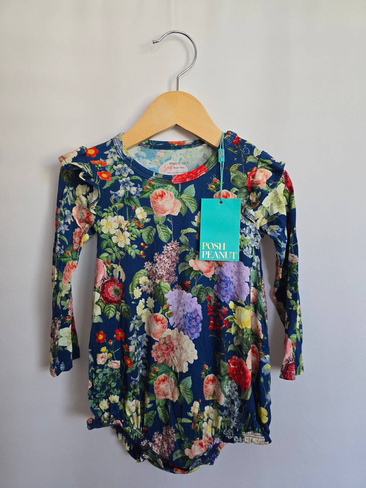 NEW Posh Peanut Dark Blue Floral Ruffle Bodysuit • 18-24 months