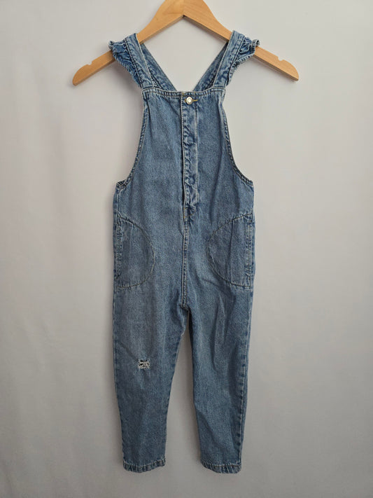 Zara Distressed Ruffle Denim Overalls • 4-5 years