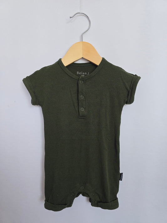 Belan J Olive Ribbed Shortie Romper • 3-6 months